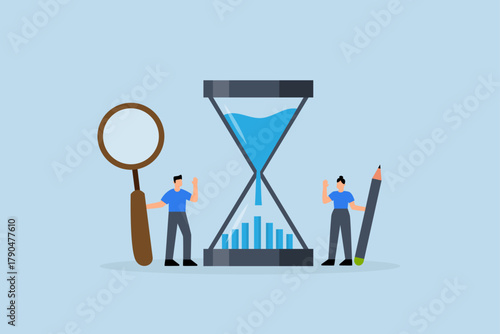 Time management analysis, Business professionals, project managers, and analysts examine a time graph represented in an hourglass.