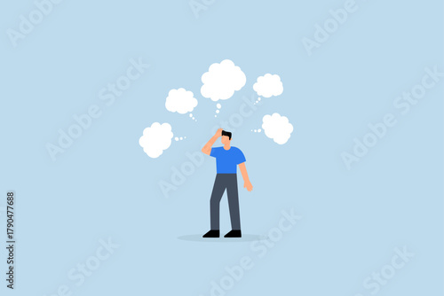 Too many thinking ideas, businessman thinking with many thinking bubbles.