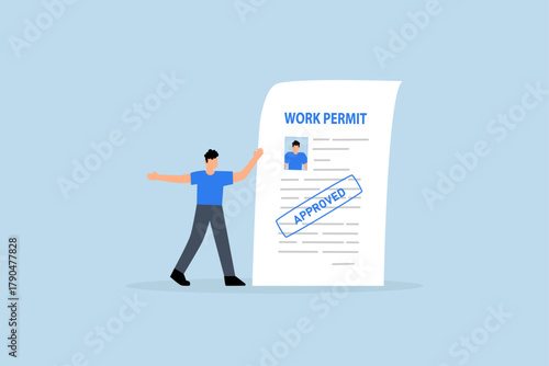Work permit document approved, businessman employee with approved work permit paper.
