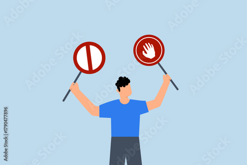 Forbidden, entrepreneur grasping banned crossed and halt sign.