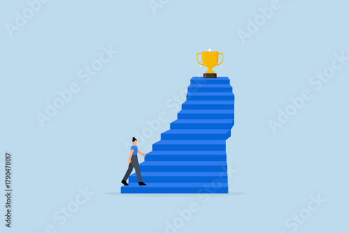 Woman success, businesswoman rushes quickly up stairs to grab winning trophy.