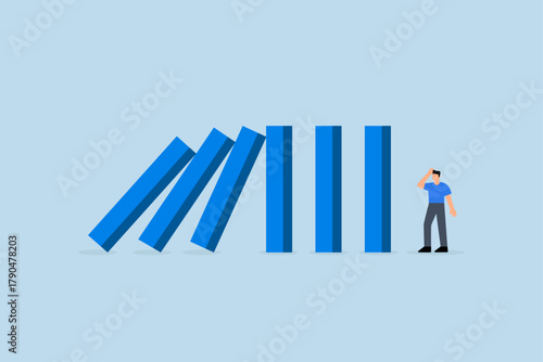 Risk management, bravery entrepreneur contemplating the falling domino impact.