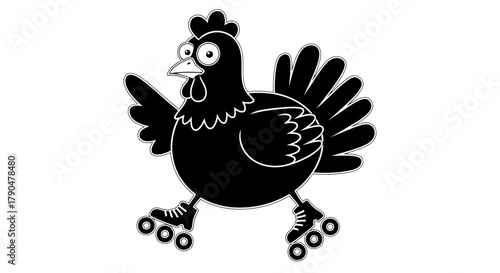 Black and white cartoon chicken wearing roller skates on white background