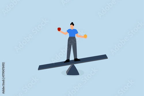 Comparison, businesswoman balances on seesaw while comparing orange and apple.