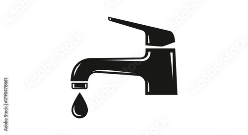 A black and white illustration of a faucet with a single water drop