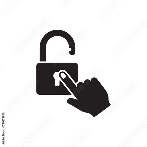 Digital unlock icon with black finger point silhouette icon vector flat design