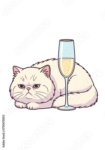 Grumpy white cat with champagne glass illustration for New Year