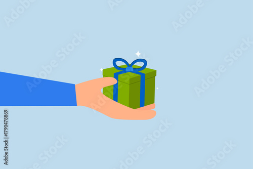 Gift reward program, special loyalty program concept, hand giving gift box with ribbon.
