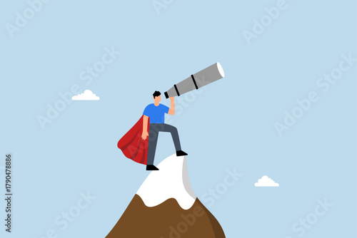Business vision to see journey to success, businessman lookout telescope on top mountain peak.