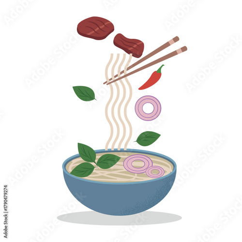 Pho Bo, Asian cuisine, Vietnam, vector illustration