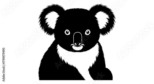Illustrated koala bear with black fur and white details on white background