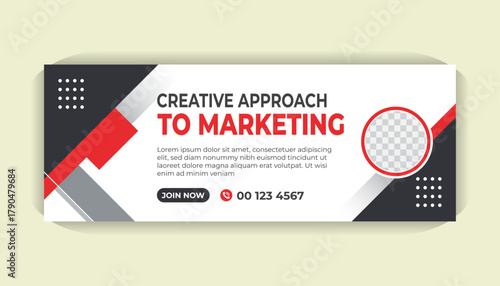 Corporate Facebook cover page template with bold red graphic shapes, editable text, photo area and minimalist white backdrop
