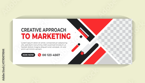 Corporate Facebook cover page template with bold red graphic shapes, editable text, photo area and minimalist white backdrop
