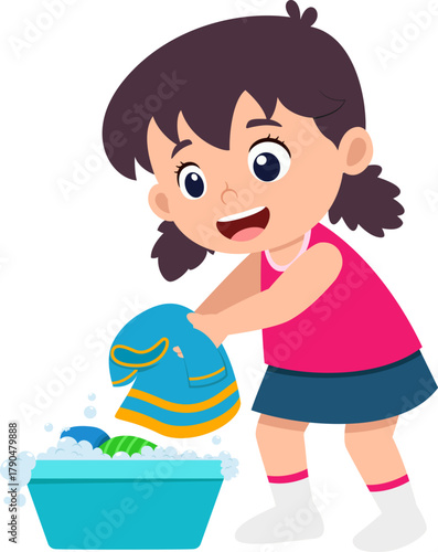 cute little girl washing clothes