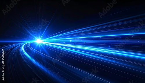 Dynamic streaks of bright blue light curve and accelerate against a dark backdrop, suggesting speed and motion