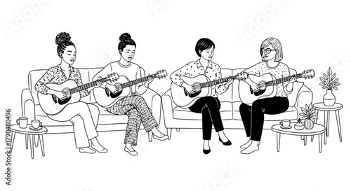 Four women playing guitars while sitting on a couch illustration