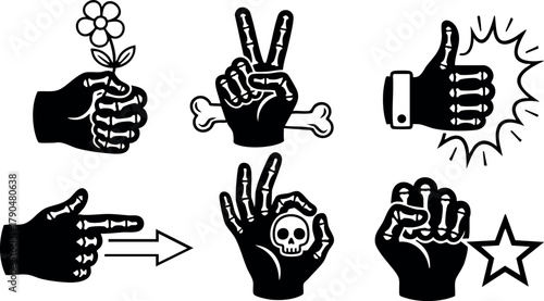 Hand gesture icons showing various symbolic signs including peace, thumbs up, and pointing vector illustration