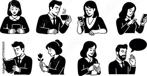 People using mobile devices and communication technology in black silhouette vector set with diverse poses