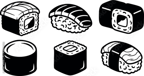 Sushi set with nigiri and maki rolls black and white vector design for Japanese cuisine menu and food illustration