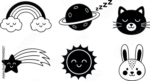 Cute cartoon weather and animal icons including sleeping planet, smiling sun, rainbow, shooting star, black cat, and rabbit vector collection