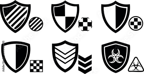 Set of black and white shield icons with various patterns and biohazard symbol in vector format for design and security concepts