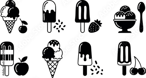 Ice cream and popsicle vector icons with fruit accents simple black and white dessert illustrations for summer treats