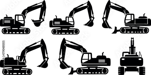 Excavator silhouettes set construction equipment vector design heavy machinery industrial tools collection