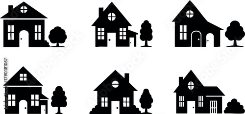 Set of six simple black silhouette house icons with trees and bushes for real estate or home design vector collection