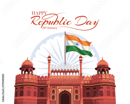 Indian republic Day celebrations with 26th January India. RED FORT DELHI INDIA WITH INDIA FLAG FLYING HIGH.