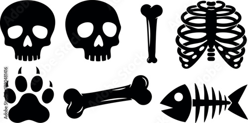 Set of black skull, bones, paw print, rib cage, and fish skeleton vector icons for Halloween or anatomy design elements vector, illustration