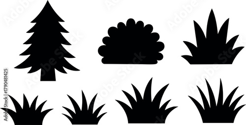 Various black silhouette tree and bush shapes vector set for nature design and landscape icons