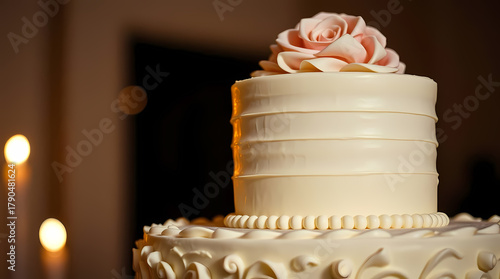 White and pink wedding bridal cake rose decoration close-up detail soft romantic  candlelight