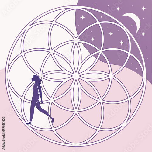 Silhouette of a woman walking within a geometric sphere under a starry moonlit sky at twilight hour