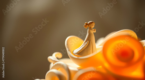 Bridal wedding detail close-up bride figurine topper on white cake icing in golden light