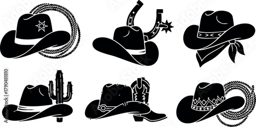 Western cowboy hats collection with cactus rope and star details vector design elements