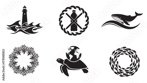 ocean and marine conservation silhouettes collection minimal black eco sea life protection vector icon set