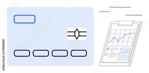 Credit card with chip alongside a clipboard with charts and graphs, symbolizing financial analysis, banking, and transactions. Ideal for finance, budgeting, business, analytics, investment economy