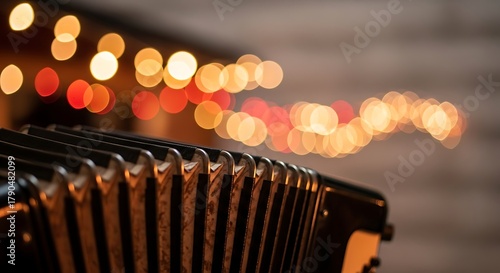 Accordion with Bokeh Lights Background.