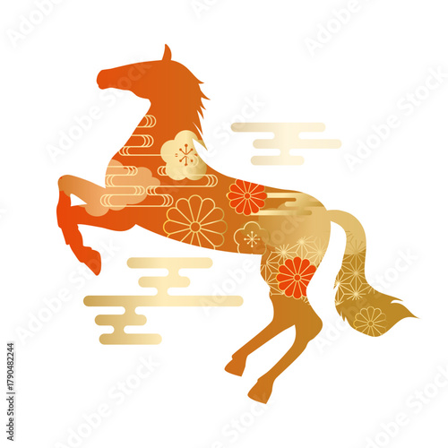 2026年　午年　年賀状　和柄・花柄　馬のシルエット　イラスト