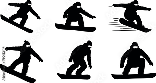 Snowboarder Silhouettes Performing Various Tricks and Poses Dynamic Winter Sports Vector Art