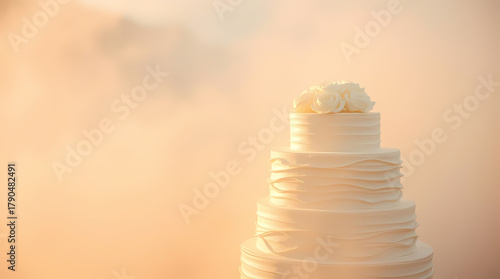 A multi-tiered white wedding cake with floral decor set against a soft, hazy background bridal website wallpaper