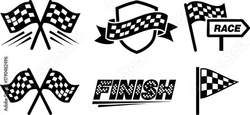 Racing checkered flags finish line symbols and race direction sign vector collection for motorsport designs