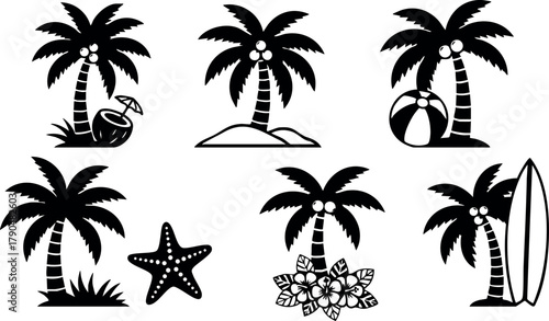 Tropical palm trees with beach elements silhouette set in black and white vector design for summer and vacation themes