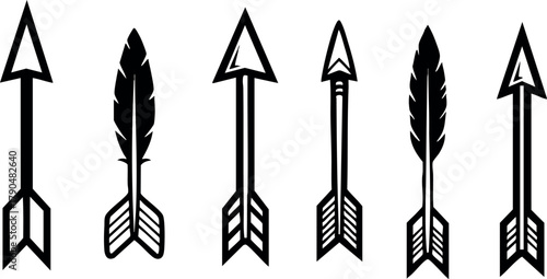 Set of black and white arrow icons with feather details in vector style for design and decoration purposes