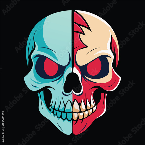 Split skull with red eyes on a black background