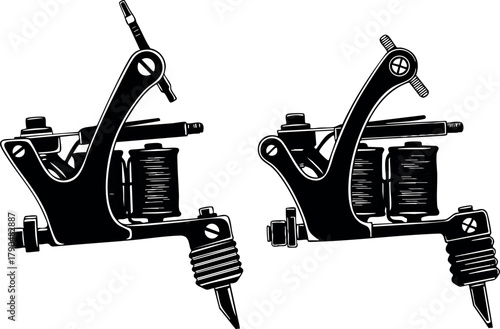 Tattoo machine vector black silhouette design with coil and needle equipment for tattoo artists and body art professionals