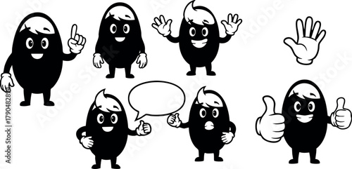 Cute black cartoon beans with white hair showing different emotions and gestures vector illustration