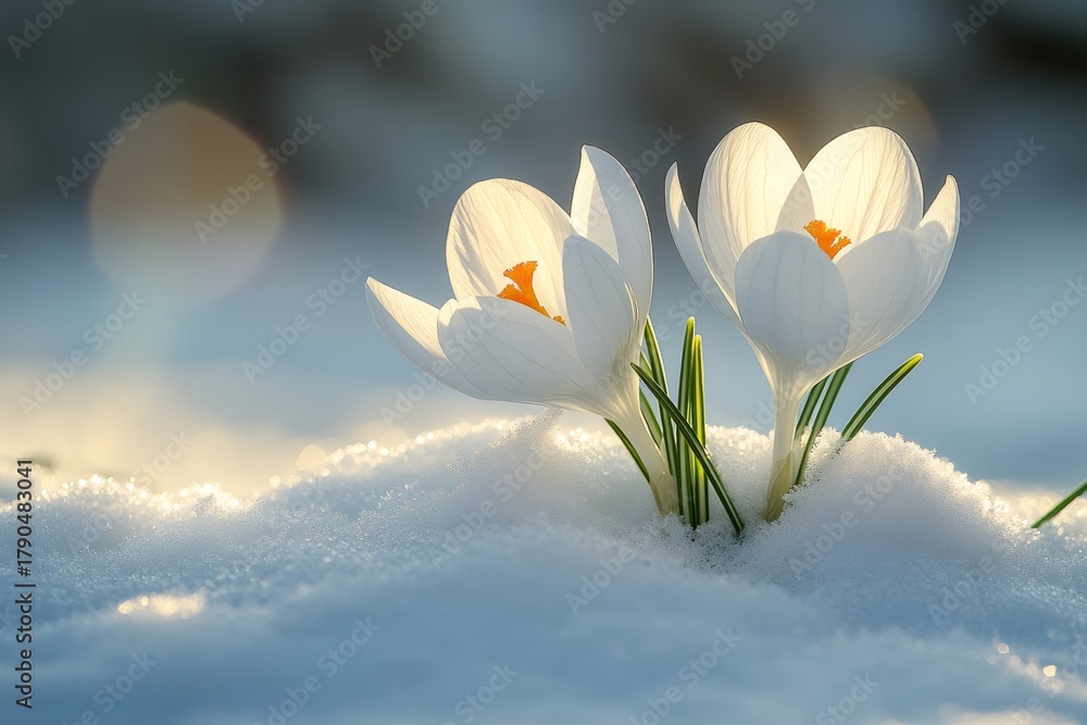 Fototapeta premium White crocus flowers blooming in snow, symbolizing spring hope