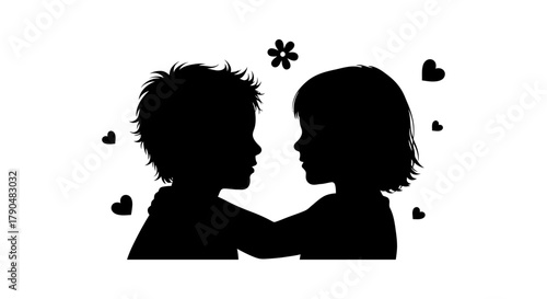 Silhouette of boy and girl embracing with hearts and flower around them