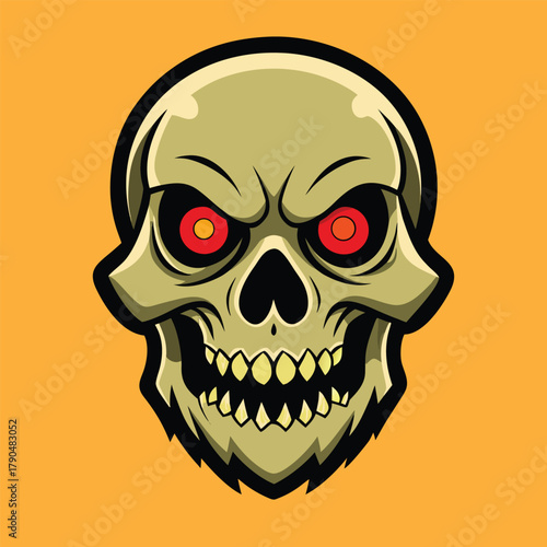 Fierce skull with glowing red eyes and sharp teeth